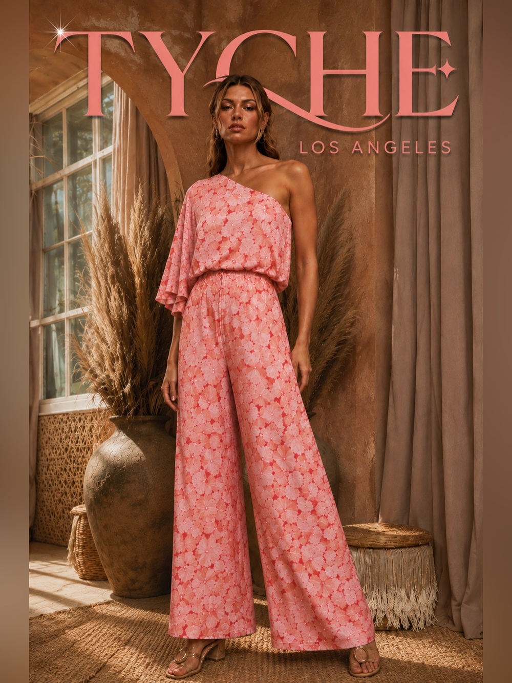 Tyche,One-Shoulder Palazzo Jumpsuit Pink Coral Tropical Resort Cocktail Size S